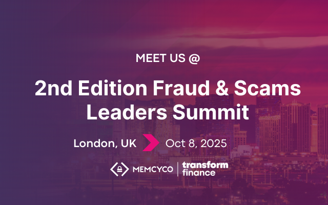 Banner for the 2nd Edition Fraud & Scams Leaders Summit in London, UK on October 8, 2025, highlighting Memcyco at 2nd Edition Fraud & Scams Leaders Summit with Memcyco and Transform Finance logos against a cityscape background.
