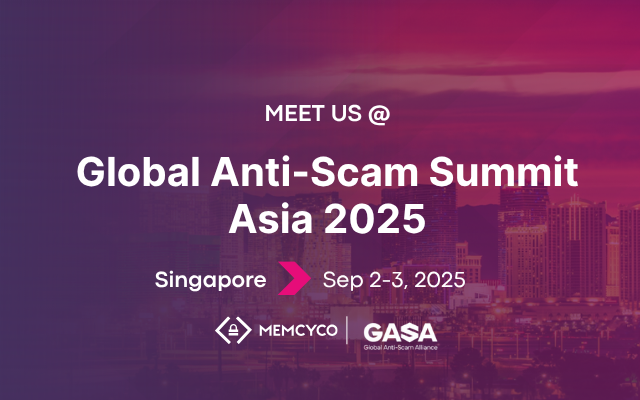 Promotional graphic for Memcyco at Global Anti-Scam Summit Asia 2025 in Singapore, scheduled for September 2-3, featuring logos for Memcyco and GASA.