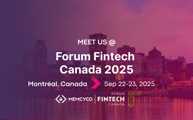 A digital banner for Forum Fintech Canada 2025 in Montréal, Canada, scheduled for September 22-23, featuring the city skyline and event logos, highlighting Memcyco at Wells Fargo 2025 Innovation Summit.